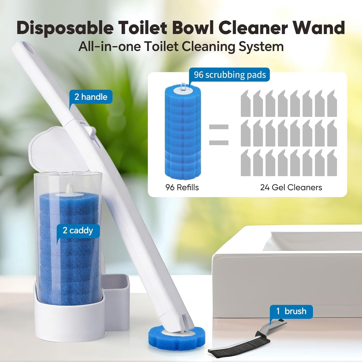 ZQZiQi 3-In-1 Disposable Toilet Brush With Dust-Proof Holder, Set Of 2 With 96 Toiletwand Refills, Long Handle No Drilling Bathroom Cleaning Tool