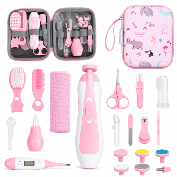 Byseng 21 in 1 Baby Grooming Kit with Electric Nail Trimmer, Comb, Brush, Nail Clippers, Scissors, Care Tools and Travel Case, Pink
