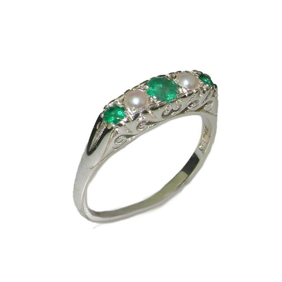 LBG British Made 9ct White Gold Natural Emerald & Cultured Pearl Womens Band Ring - 33 size options - Size 10