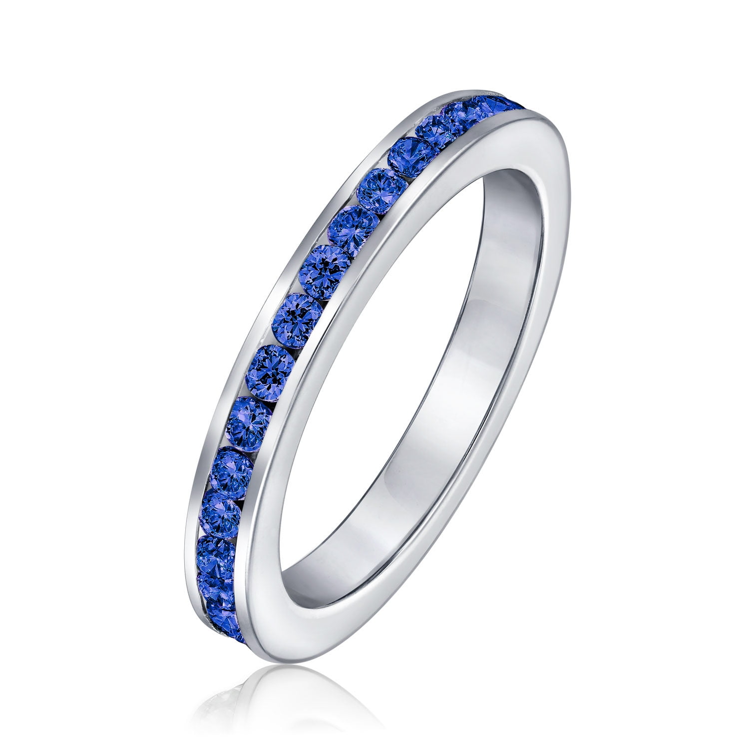 Bling Jewelry Womens Channel Set Birthstone Dark Blue CZ Eternity Ring Sterling Silver Stacking