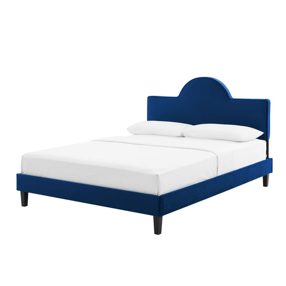 Platform Bed Frame, King Size, Blue Navy, Velvet, Modern Contemporary, Bedroom Master Guest Suite Room