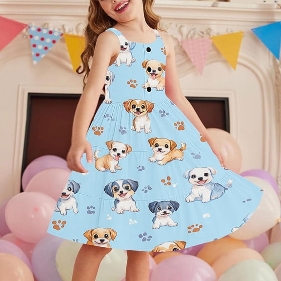Girls Clothes under $5.00 Sleeveless Round Neck Print Buttons Summer Casual with Pockets Dress 2-12 Year Sky Blue 3 Years