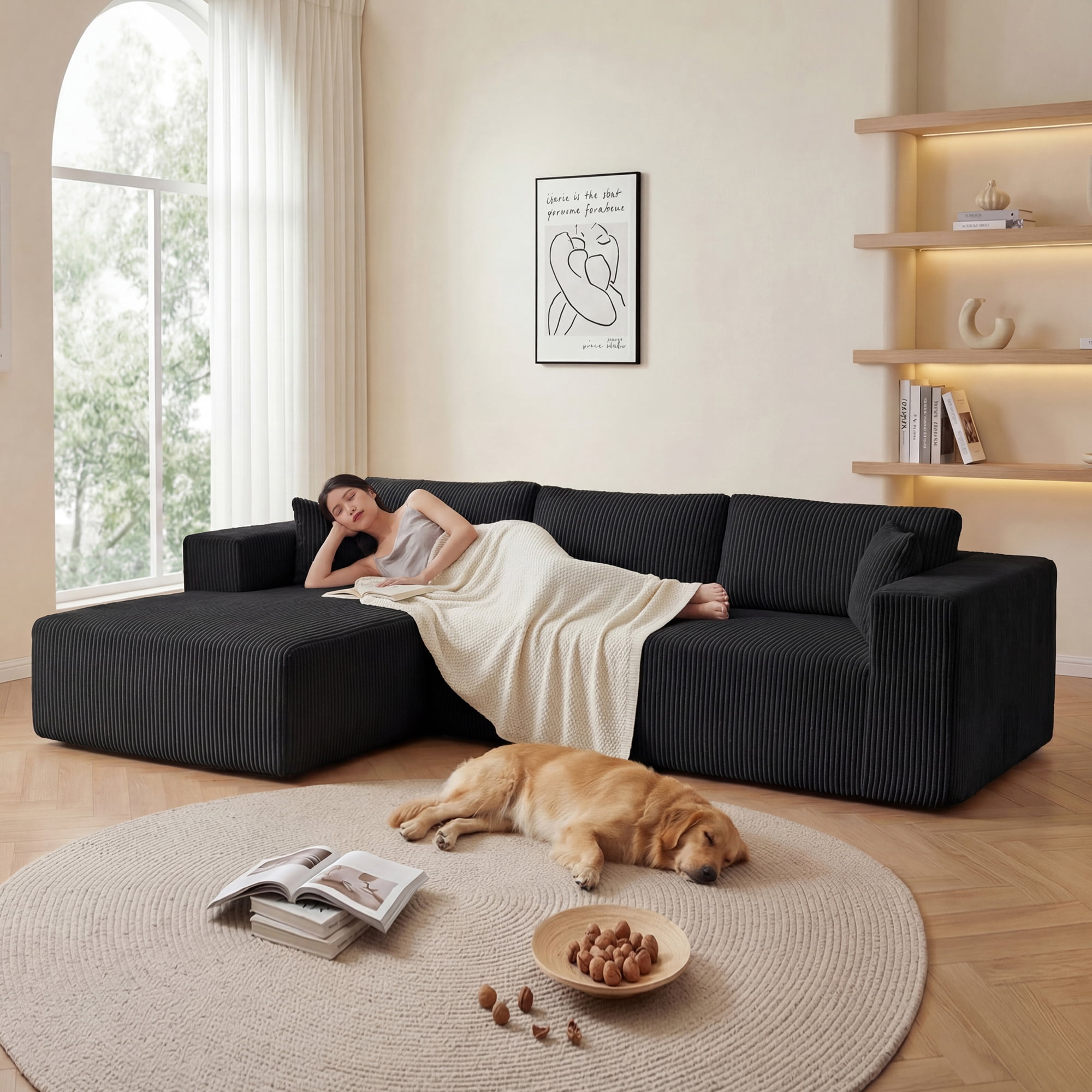 Leumius Modular Sectional Sofa,Cloud Sectional Couch with Deep Seat,Modern L-Shape Sofa with Chaise,Upholstered Boneless Couch for Living Room,Corduroy,Black