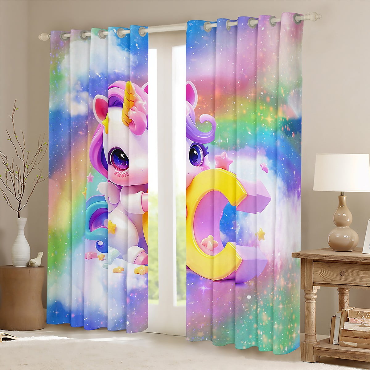 Erosebridal Initial Letter C Curtains for Living Room, Rainbow Unicorn 30%-50% Blackout Curtains Set of 2 (38x54), Monogrammed Curtains and Drapes (38x54), Window Drapes Room Decoration