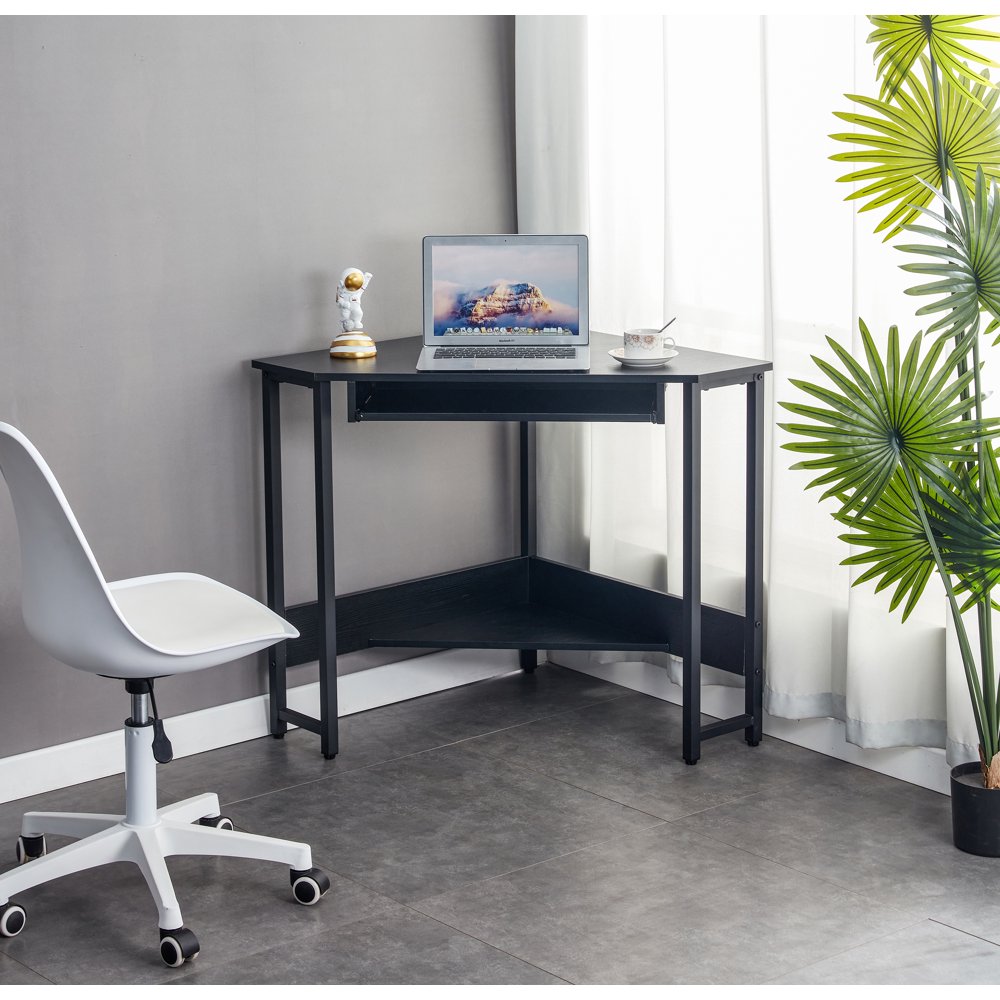 Triangle Computer Desk with Keyboard Tray and Open Shelf, Black Home