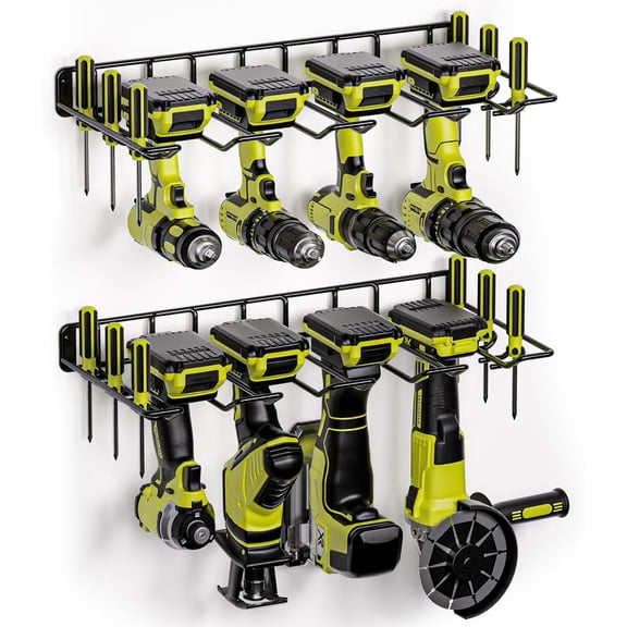 Wall Mount Drill Holder Power Tool Organizer with 2 Metal Shelves, Heavy-Duty Alloy Steel Storage Rack for Garage & Workshop, Black