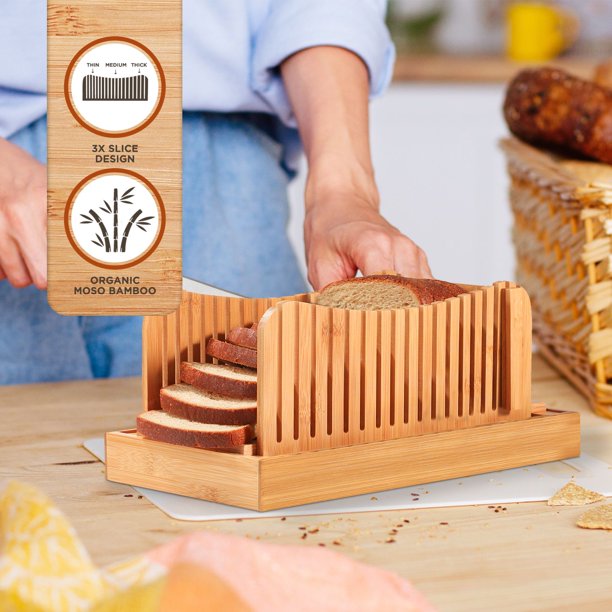 Bamboo Foldable Bread Slicer with Crumb Catcher Tray Guide, For Disc
