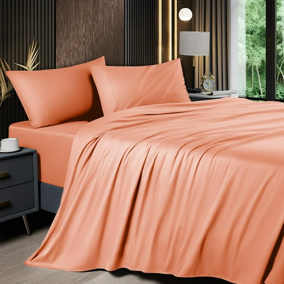 Shilucheng 4-Piece Queen Size Sheets Set,Rayon Derived from Bamboo_,Cooling & Breathable Bed Sheets, Silky Bedding Sheets & Pillowcases, 16 Inch Deep Pockets (Queen,Coral)