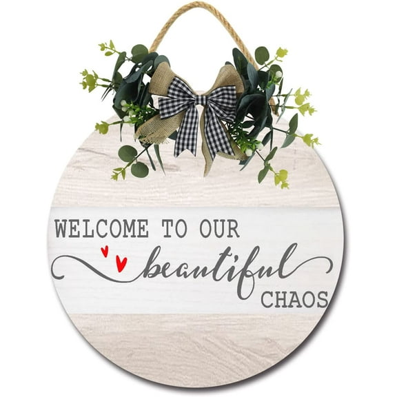 Eveokoki 12" Welcom to Our Beautiful Chaos Round Wooden Door Hanger,Nursery,Front Door,Door Knob Decor,Living Room Sign, Wall Decor, Hanging Wood Sign, Bedroom Decor
