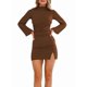 thumbnail image 1 of Vestido de Mujer con Mangas Largas Cruzadas, Volantes, Dobladillo Ajustado, Abertura, Cuello Medio Alto, Falda Corta, Cintura Ajustada. Café M, 1 of 9
