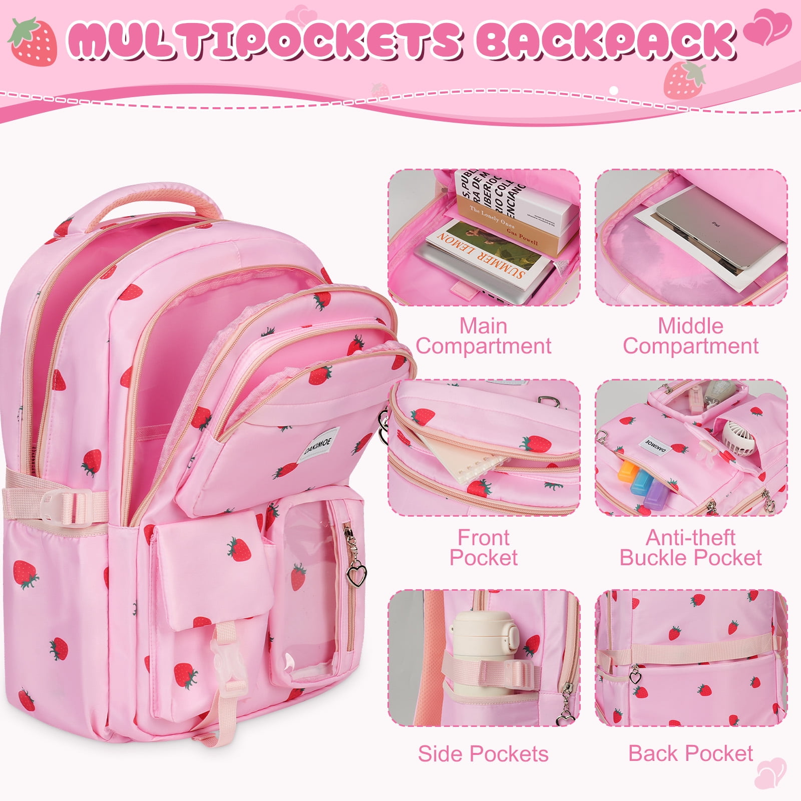 DAKIMOE Cute School Backpack Set Water Resistant Durable 3-in-1 School Bookbag for Travel & Daily Use