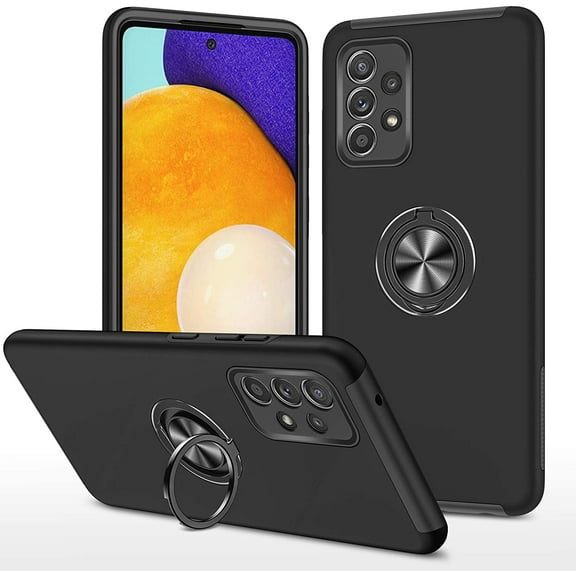 Case for Samsung Galaxy A52,Smooth Dual Layer Hard Military Phone Case with 360 Degree Ring Stand Silicone Bumper Shockproof Protective Case (Camera Protection) Magnetic Car Holder Cover-Black