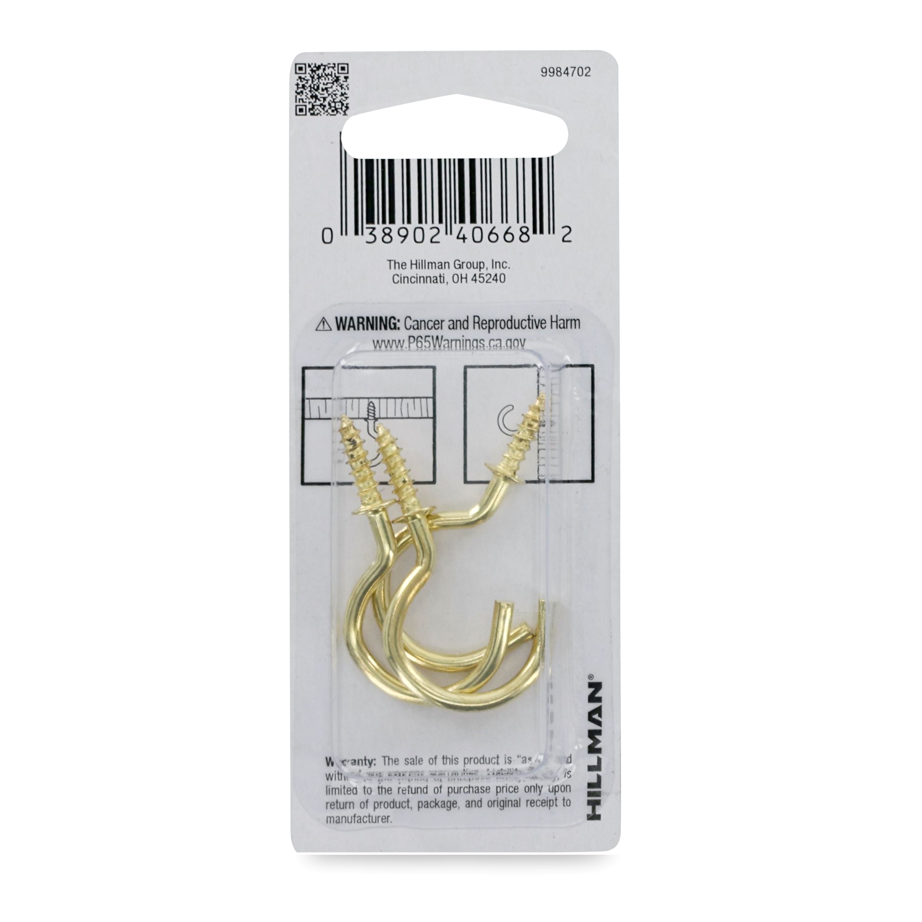 (3 pack) Ook Cup Hooks, 1-1/4", 1 lbs, Screw Hooks, Steel, Brass Finish, Gold, 3 pack