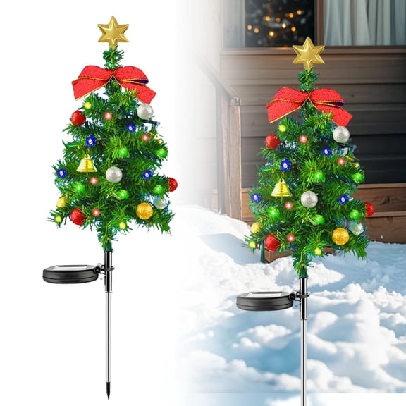 Goodw7 Solar Christmas Tree Ground Stake Light, Prelit Outdoor Decoration with Bows Bells and LED Lights, Auto On Off 2 Modes for Patio Yard Garden Pathway