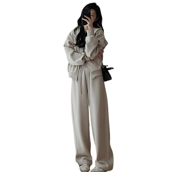2 Pcs/Set Women Coat Pants Suit Hooded Zip-up Long Sleeve Thick Plush Lining Jacket Drawstring Elastic Waist Wide Leg Pockets Trousers Winter Sportwear Tracksuit