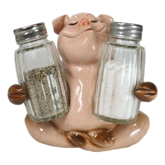 Rustic Country Animal Farm Porky Pig Hugging Salt Pepper Shakers Holder Set