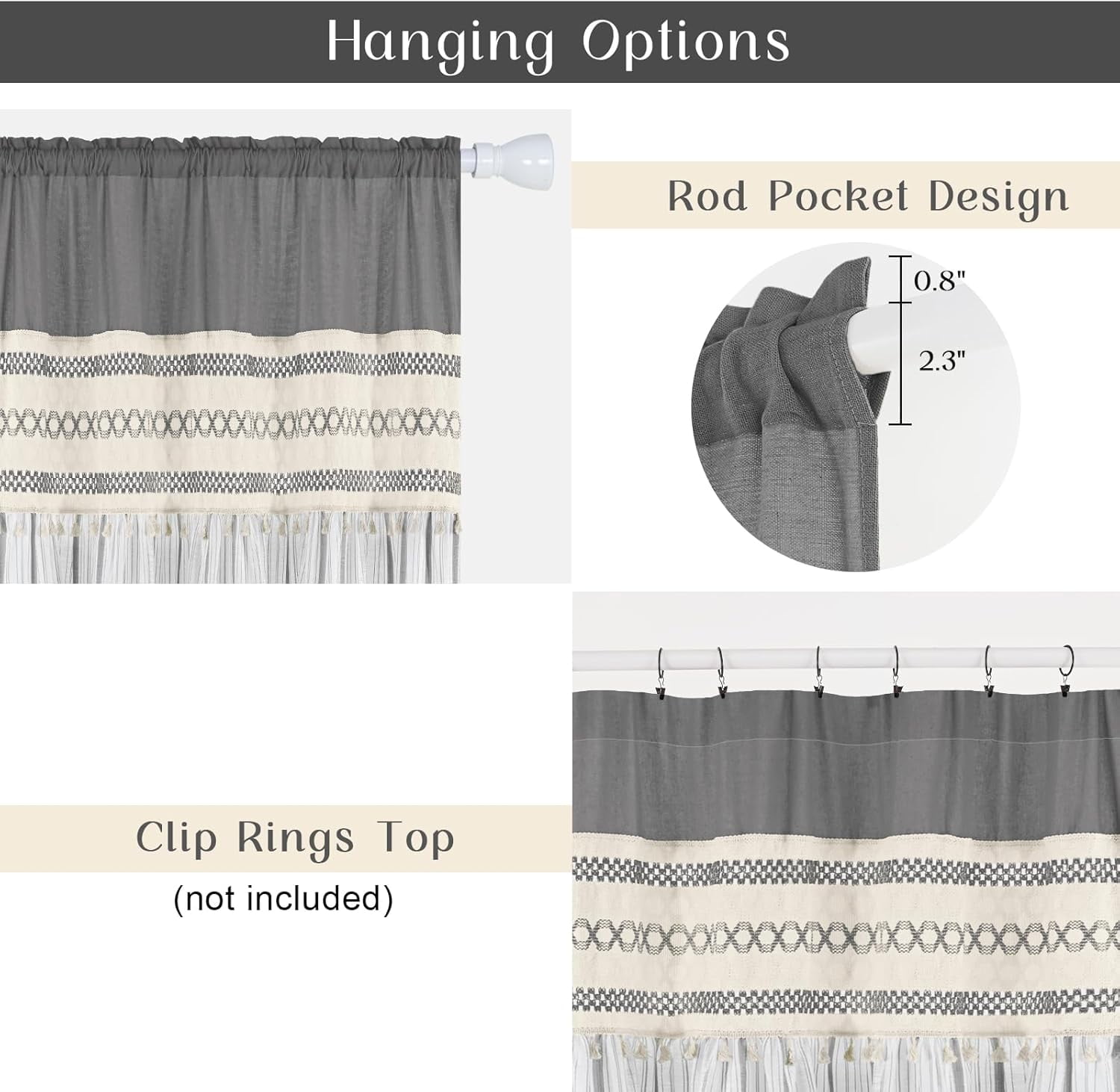Alishomtll Boho Linen Light Filtering Curtains 63 Inches Long Farmhouse Rustic Striped Drapes Macrame Burlap ,Rod Pocket  ,Gray ,with Tassel