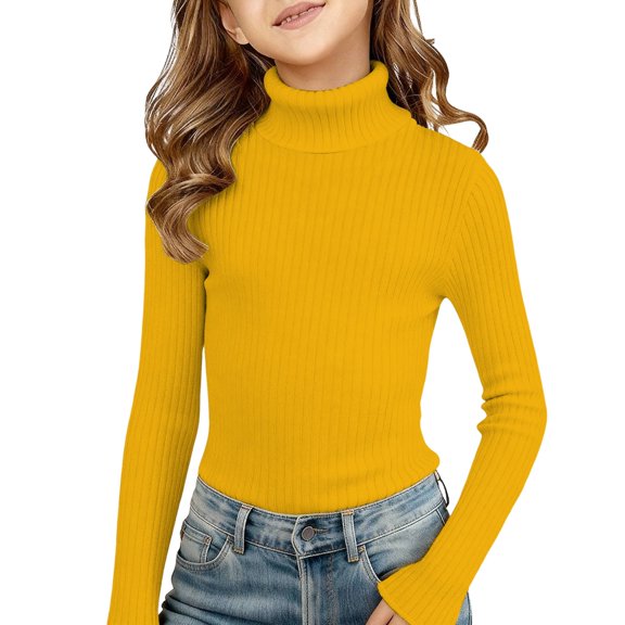 XIMIN Kids Girls Solid Color Ribbed Knitted Shirts Mock Neck Tee Top Turtleneck Long Sleeve Basic Fall Winter Casual Slim Fit Base Layer Pullover Tee