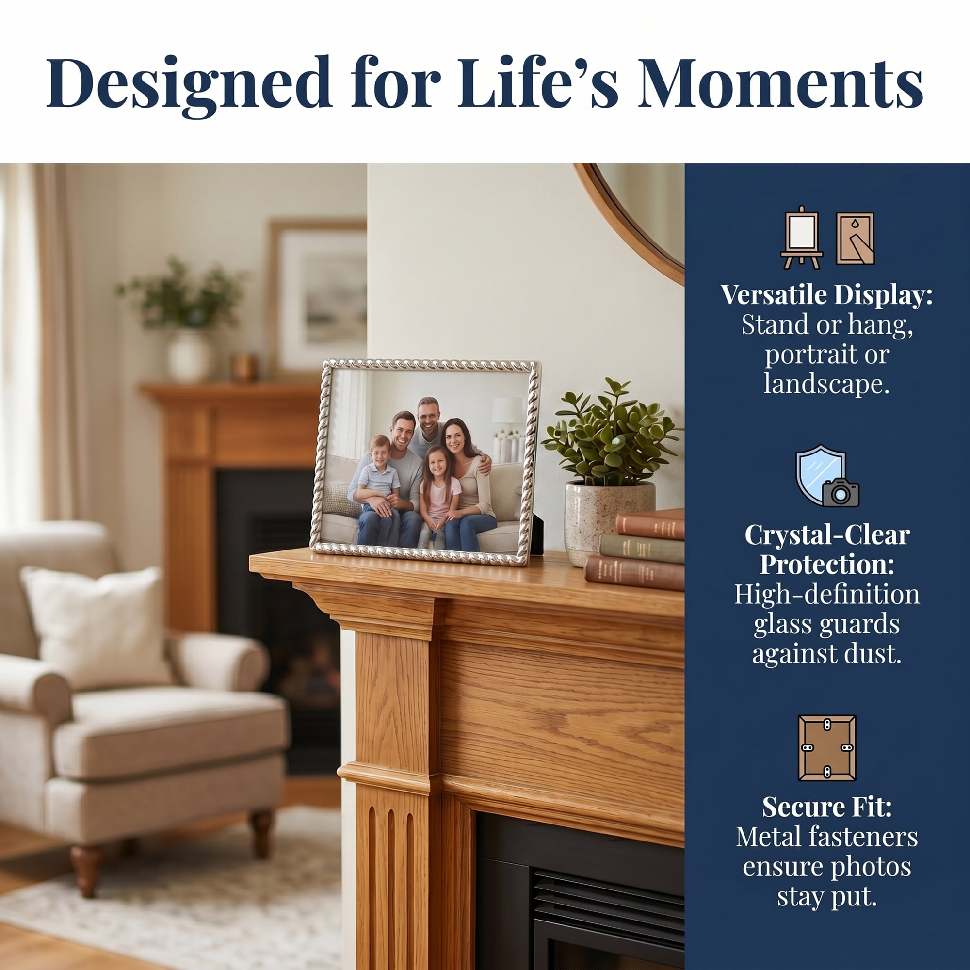 Unique Bargains Threaded Metal Premium Ribbed Photo Frame with HD Glass Silver 5" x 7"