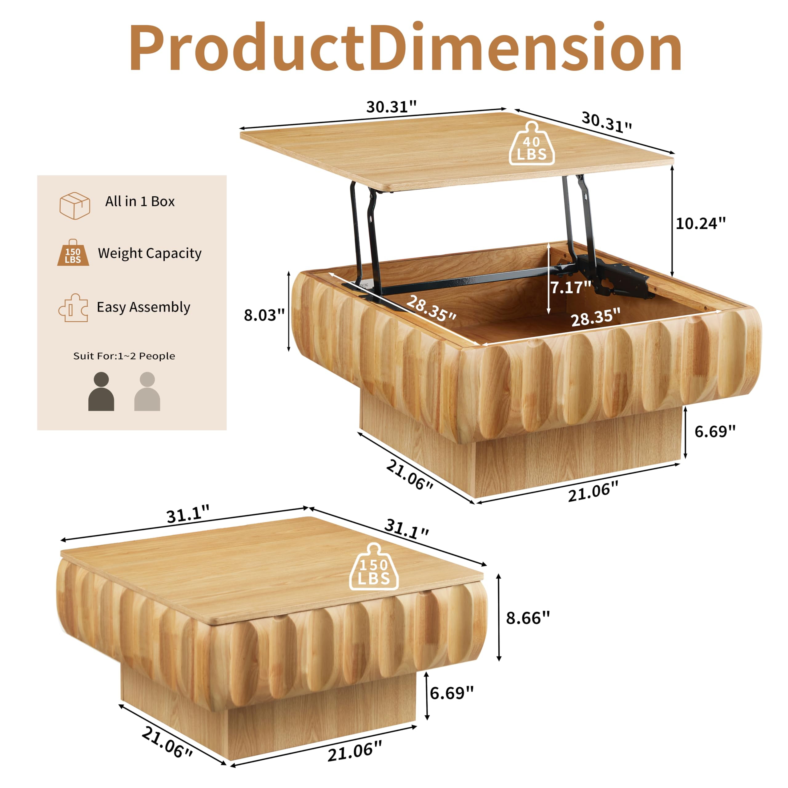 Lift Top Coffee Table with Hidden Storage, 31 inch Solid Wood Fluted Design for Small Space Living Room, Natural