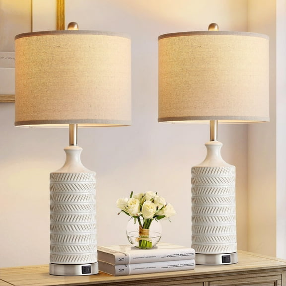 28.3" Set of 2 Ceramic Table Lamps, 3-Way Dimmable Touch Lamps for Living Room/Nightstand, White Bedside Lamps with USB A C Charging Port for Bedroom End Table, Bulbs Included