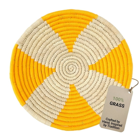 Amara Handwoven Small 8" Yellow Round Woven Basket, Natural Grass Wall Decor