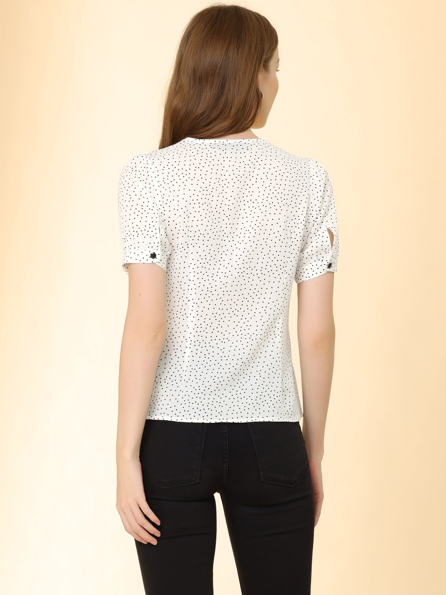 DARING DIVA Women's Polka Dots Peter Pan Collar Puff Sleeve Shirt XS White