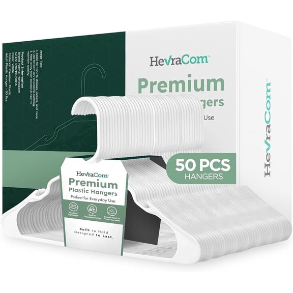 HevraCom Plastic Clothes Hangers Heavy Duty Non Slip White 50 Pack