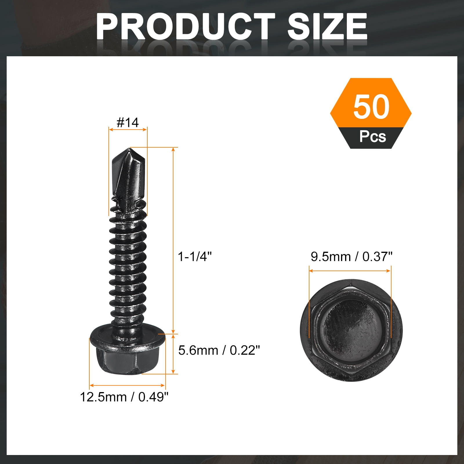 Uxcell 50 Pack #14 x 1-1/4" Self Drilling Screws, 410 Stainless Steel Self Tapping Screws for Metal, Black Oxidation Finish, Hex Washer Head Sheet Metal Screws