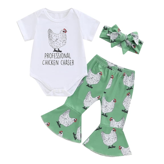 Musuos Baby Girls Summer Outfit 3M 6M 12M 18M White Short Sleeve Romper Tops Chicken Print Flared Pants Headband 3PCS Sets