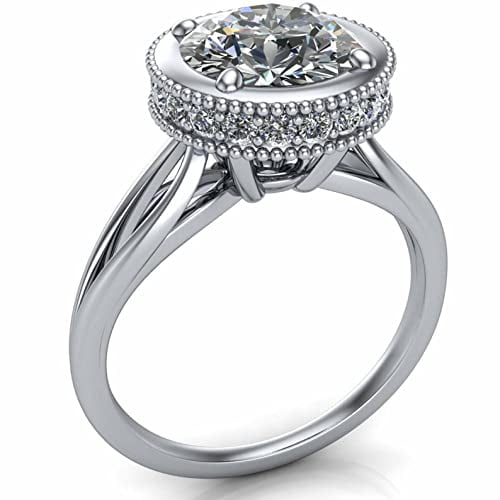 HeartsAndYou 4ct Round Moissanite Engagement Ring for Women Halo Disc Royal Solitaire 18k White Gold over Silver