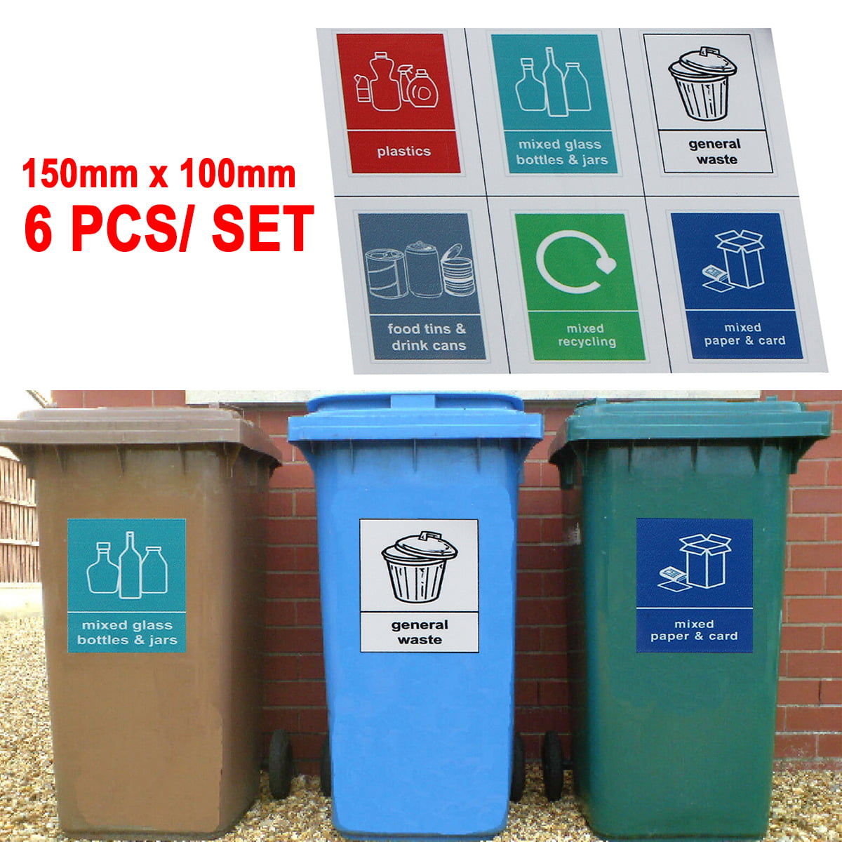 3 x RECYCLING WHEELIE BIN VINYL STICKERS LABELS RECYCLING BOTTLES CANS PLASTIC 
