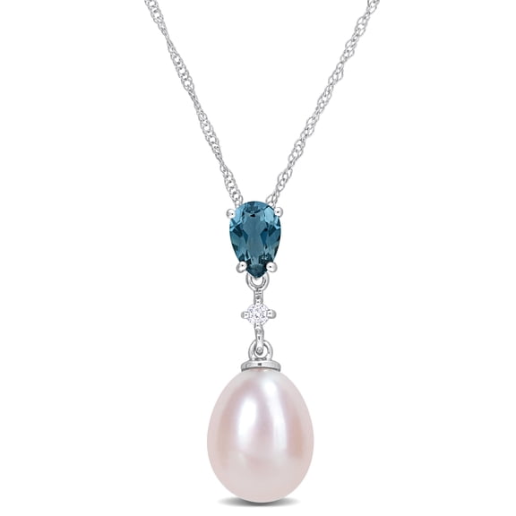 Everly Women's Pink Cultured Freshwater Pearl London Blue Topaz and Diamond Accent Drop Necklace