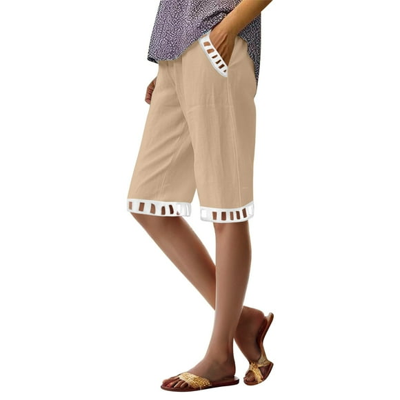 Camisas Para Hombres! QATAINLAV Shorts for Women Fashion Lace Patchwork Beach Bermuda Shorts Solid Casual Summer Linen Knee Length Short Pants with Pocket Khaki XL