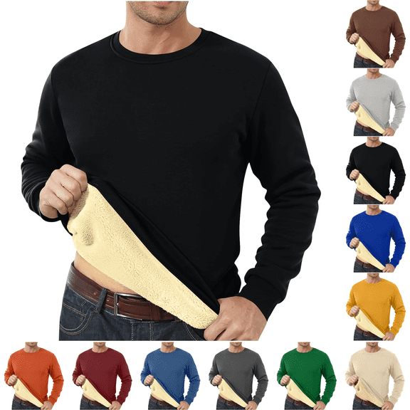 Sherpa Lined Sweatshirts Mens Fleece Crewneck Pullover Winter Warm Shirt Black S