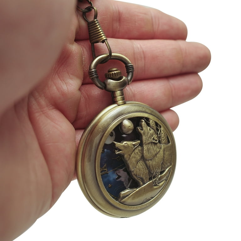 Bronze Face Men's Howling Wolves Pocket Watch Chain Ornate Wolf Quartz Mens Gift Bronze Face Men's Howling Wolves Pocket Watch Chain Ornate Wolf Quartz Mens Gift