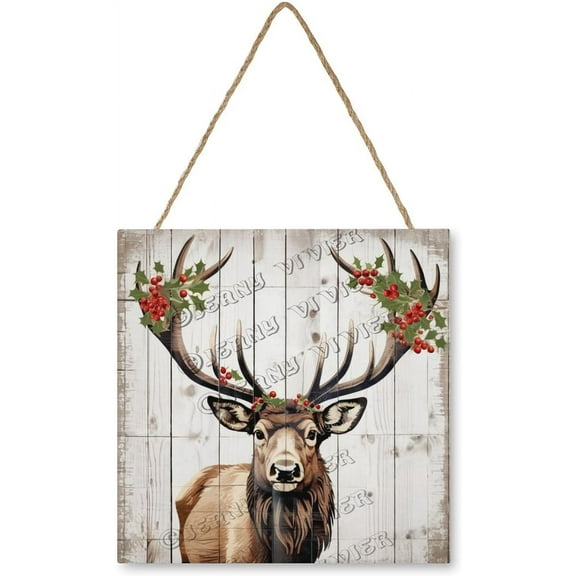 Reindeer Wood Plaque for Front Door Deer Hanging Wood Plaques Christmas Sign Christmas Wooden Door Hanger for Front Door Home Rustic Farmhouse Decor 12x12 Inch
