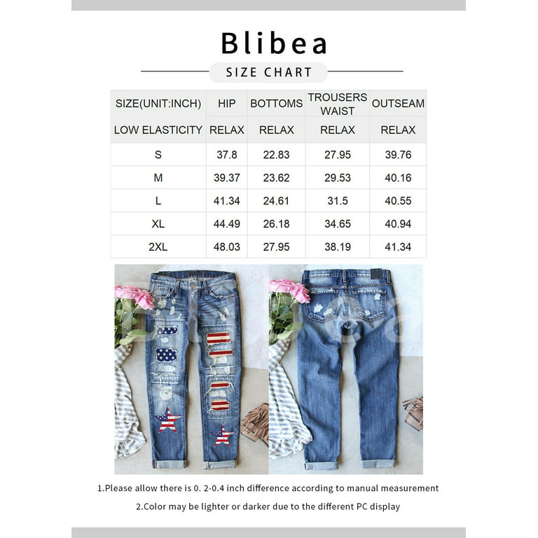 Blibea Stretch Patchwork Denim Jeans Women's Straight Leg Star Print Ripped Denim  Pants Sky Blue 8 
