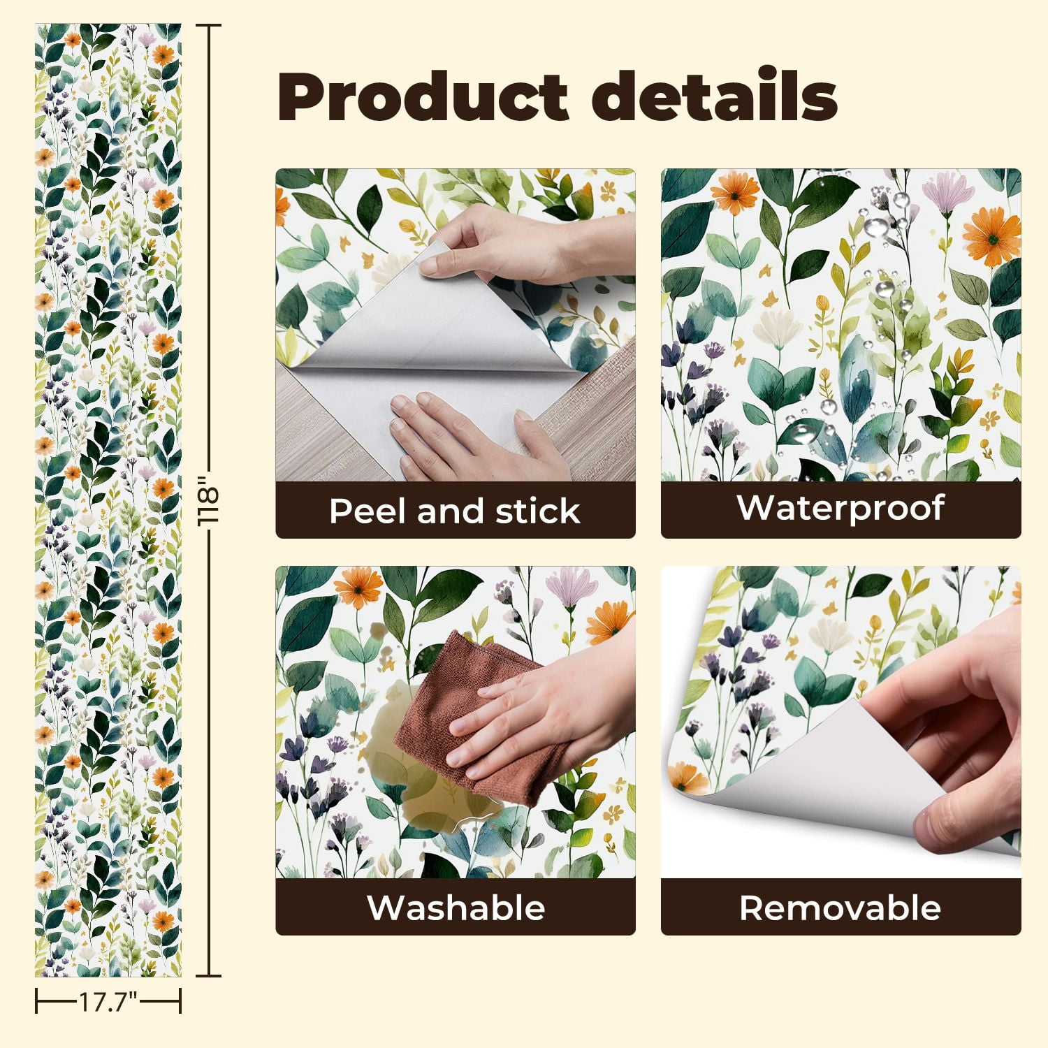 Peel and Stick Wallpaper 17.7in x 9.8ft Watercolor Floral Greenery Vibrant Blooms Contact Paper Vinyl Self-Adhesive Removable Wall Paper for Bedroom DIY Home Decor Renter Friendly