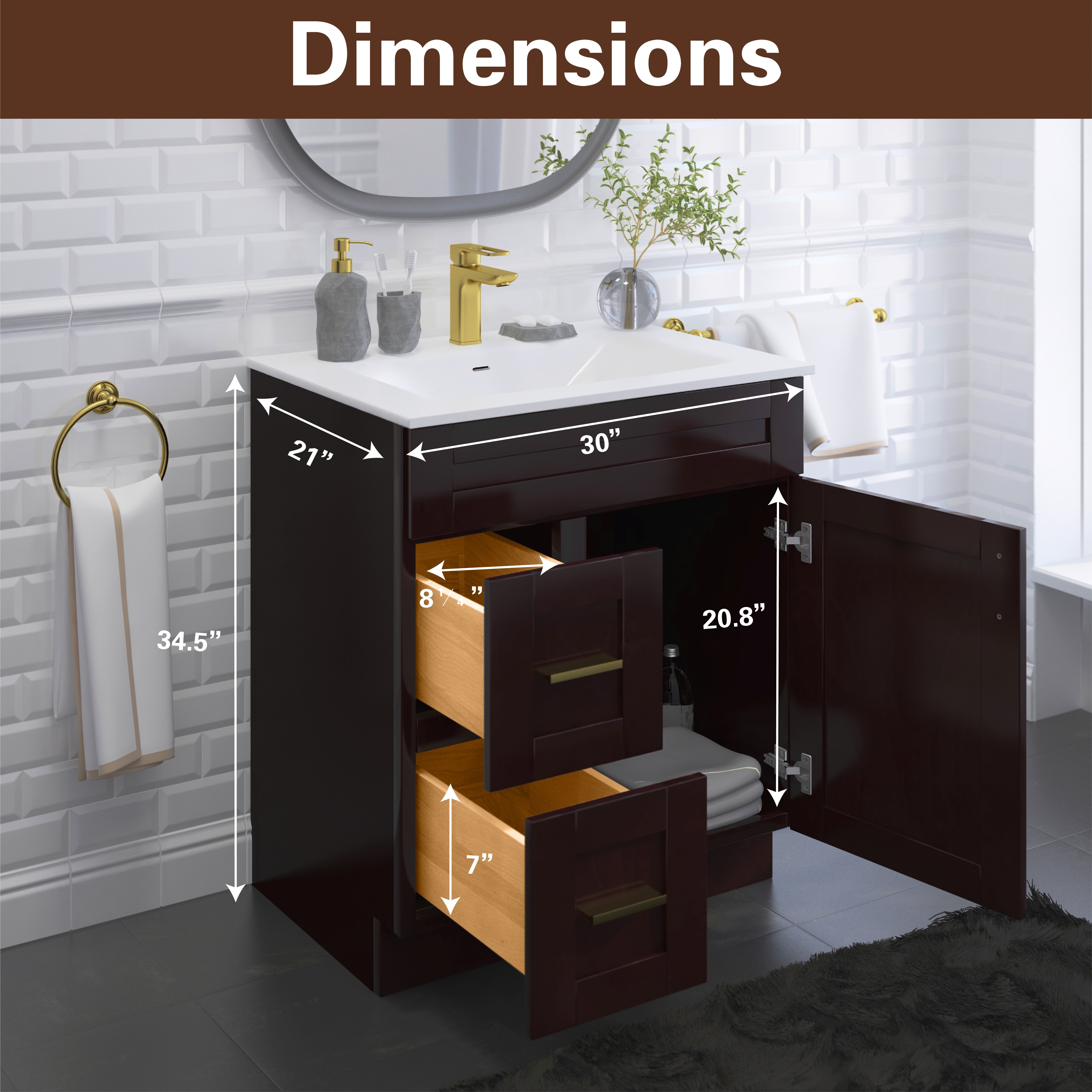 30" Shaker Bathroom Vanity Sink Base with Drawers (Ready-to-Assemble), Espresso Shaker Vanity Base