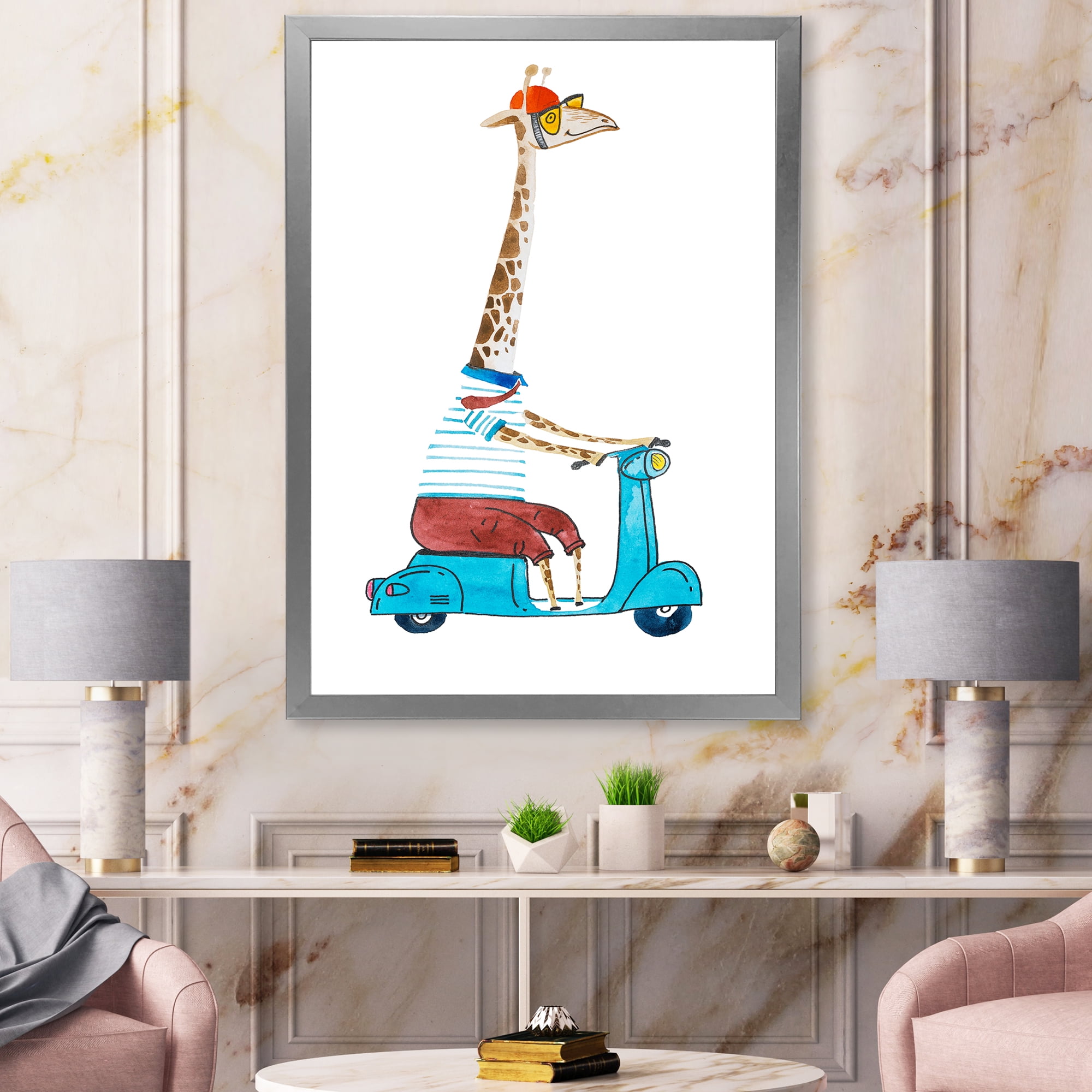 Giraffe Dressed Up Wearing Helmet & Riding Blue Scooter 16 in x 32 in Framed Painting Canvas Art Print, by Designart