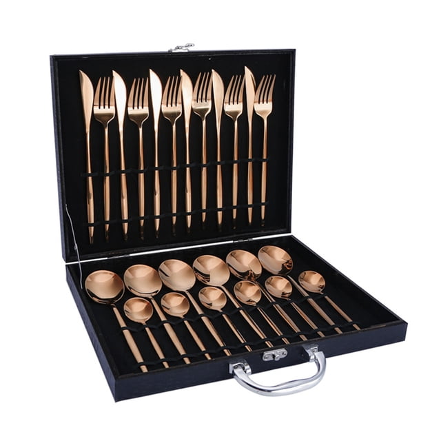 Ensemble de Couverts en Acier Inoxydable de Qualité Supérieure de 24 Pcs avec Boîte-Cadeau Élégante à Motif de Crocodile Noir - Vaisselle Résistante à la Rouille et Durable pour la Maison, les Fêtes et les Restaurants, avec Fini Or Rose, Lisse