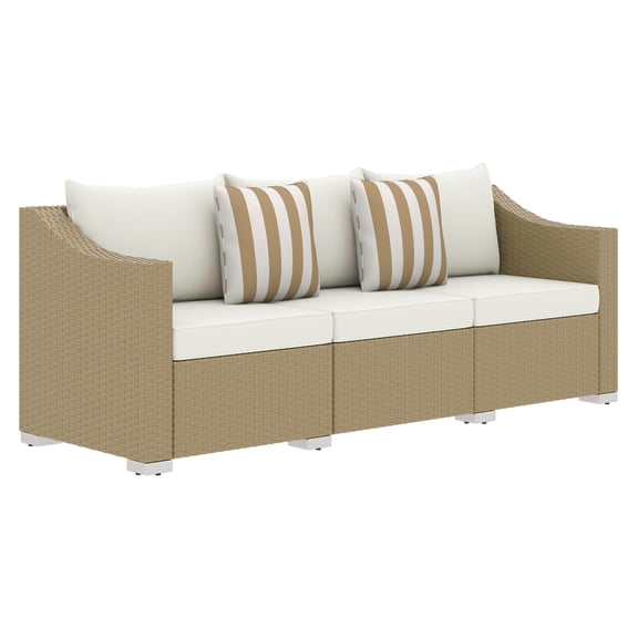 Rattan Patio Sofa 3 Seater Outdoor Couch with Cushions & Pillows, Cream White Wicker Furniture