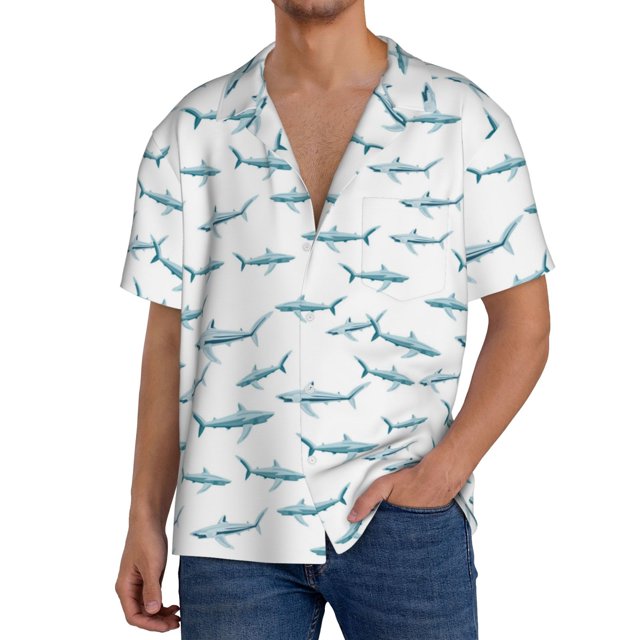 Balery Cute Shark Camisa Casual de Manga Corta con Botones para Hombre, Texturizada, Estilo Cubano, para Playa, Verano-3X-Large