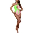 thumbnail image 2 of INSPIRE CHIC Conjunto de Bikini Monokini de Bloque de Color para Mujeres, Traje de Baño de Una Pieza con Anillo en O y Lazos Lateral, Talla X-Small Rosa Verde, 2 of 5