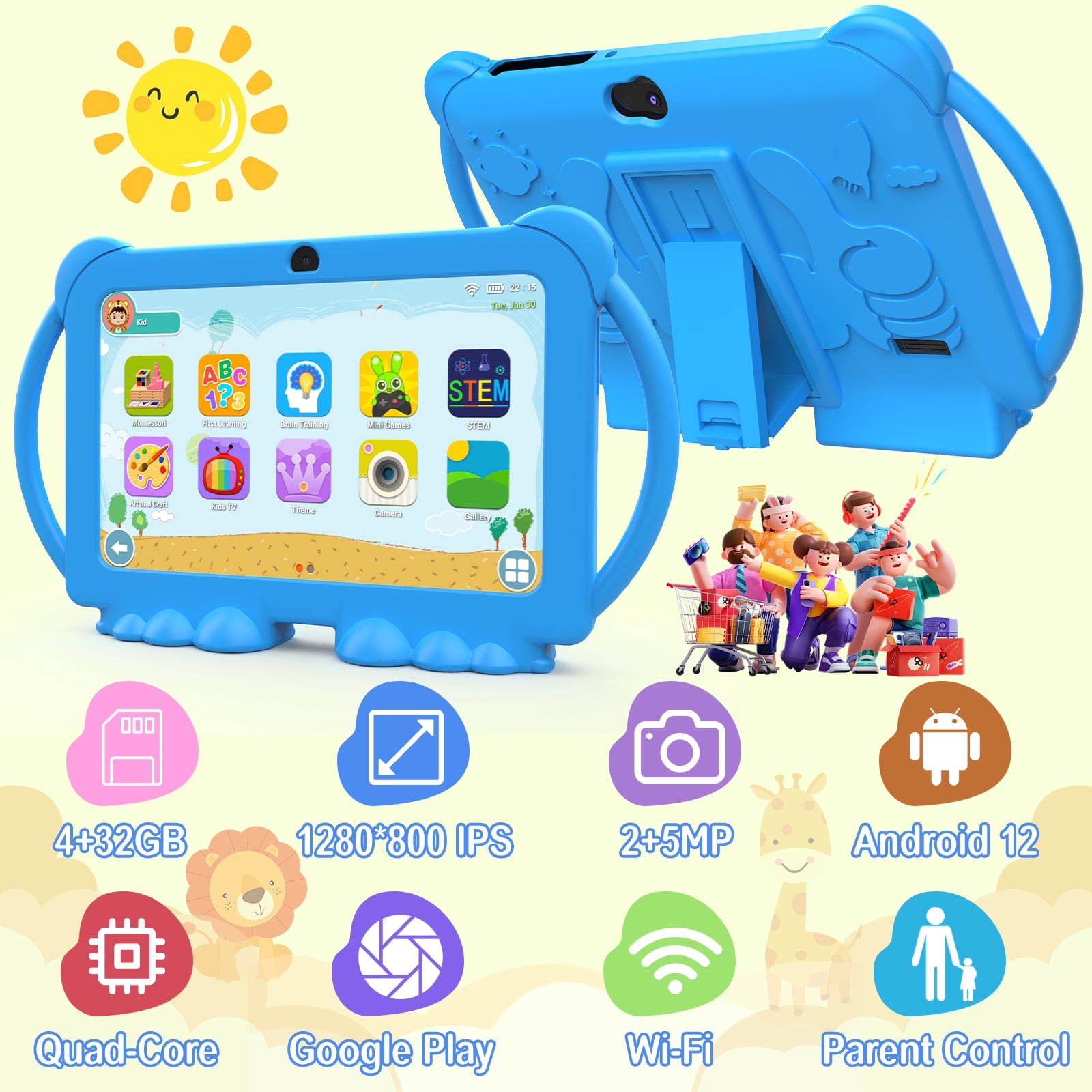 Kids Tablets 7 inch, Android 12 Tablet for Kids, 4GB RAM 32GB ROM, 512GB Expandable, with Parental Control, Google Certified Toddler Tablet, WiFi, Bluetooth, Dual Camera with Silicone Case,Blue