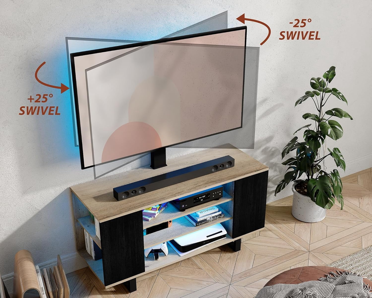 FITUEYES Entertainment Center for 32–70 Inch TVs, Black, Swivel Mount