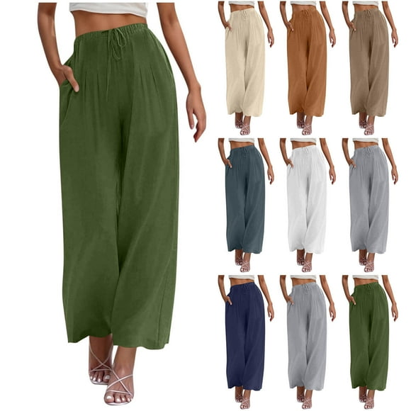 Sentmoon Petite Linen Pants for Women Solid Color Drawstring High Elastic Waist Plus Size Wide Leg Pants Relaxed Fit Womens Pants Casual with Pocket for Summer and Hot Weather