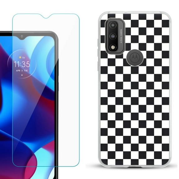 Slim-Fit Gel TPU Phone Case for Motorola Moto G Pure, with Tempered Glass Screen Protector, by OneToughShield ® - Checker B/W