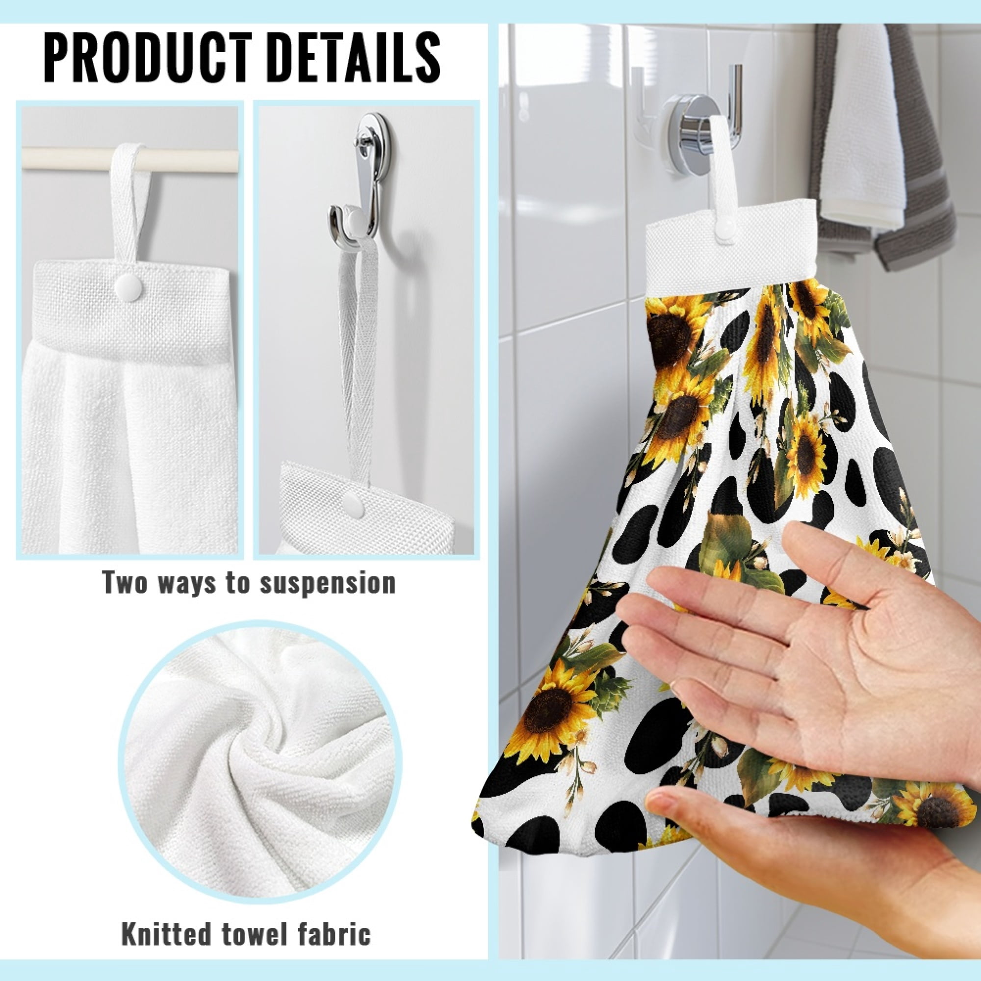 SEANATIVE Sunflower Hand Towels for Bathroom Cow Print Hanging Hand Towels for Kitchen 3 Pcs Portable Hand Tie Towel Decorative Fast Drying Fingertip Towel with Hanging Loops Buttons